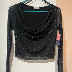 Women’s Black Mesh Long-Sleeve Drape Neck Top with Stud Detail